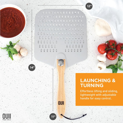 Perforated Pizza Peel 12 x 14 Inch, Paddle Spatula with Foldable Handle, Pizza Cutter Rocker 14'' Blade