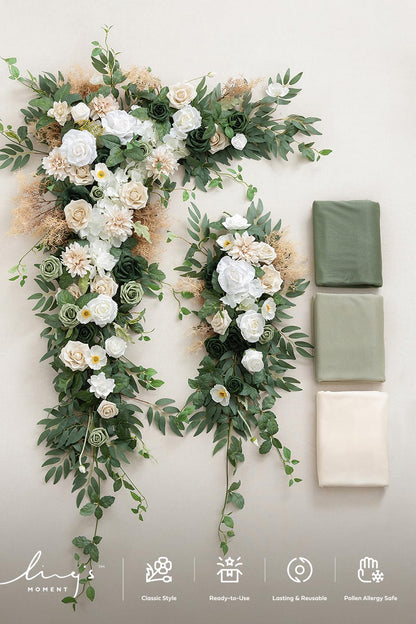 Ling's moment Wedding Arch Flowers with Sheer Drapes Kit - Artificial Spring Green Rose Floral Arrangements for Ceremony Backdrop, Arbor Decor, 5-Piece Set (2 Flower Stems + 3 Hanging Drapes)