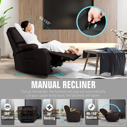 LAFWELL Rocking Recliner Chair, Massage Rocker Recliner Chair with Vibration Massage and Heat,360° Swivel Recliner Chairs, Living Room, Bedroom, Nursery, RV, Brown