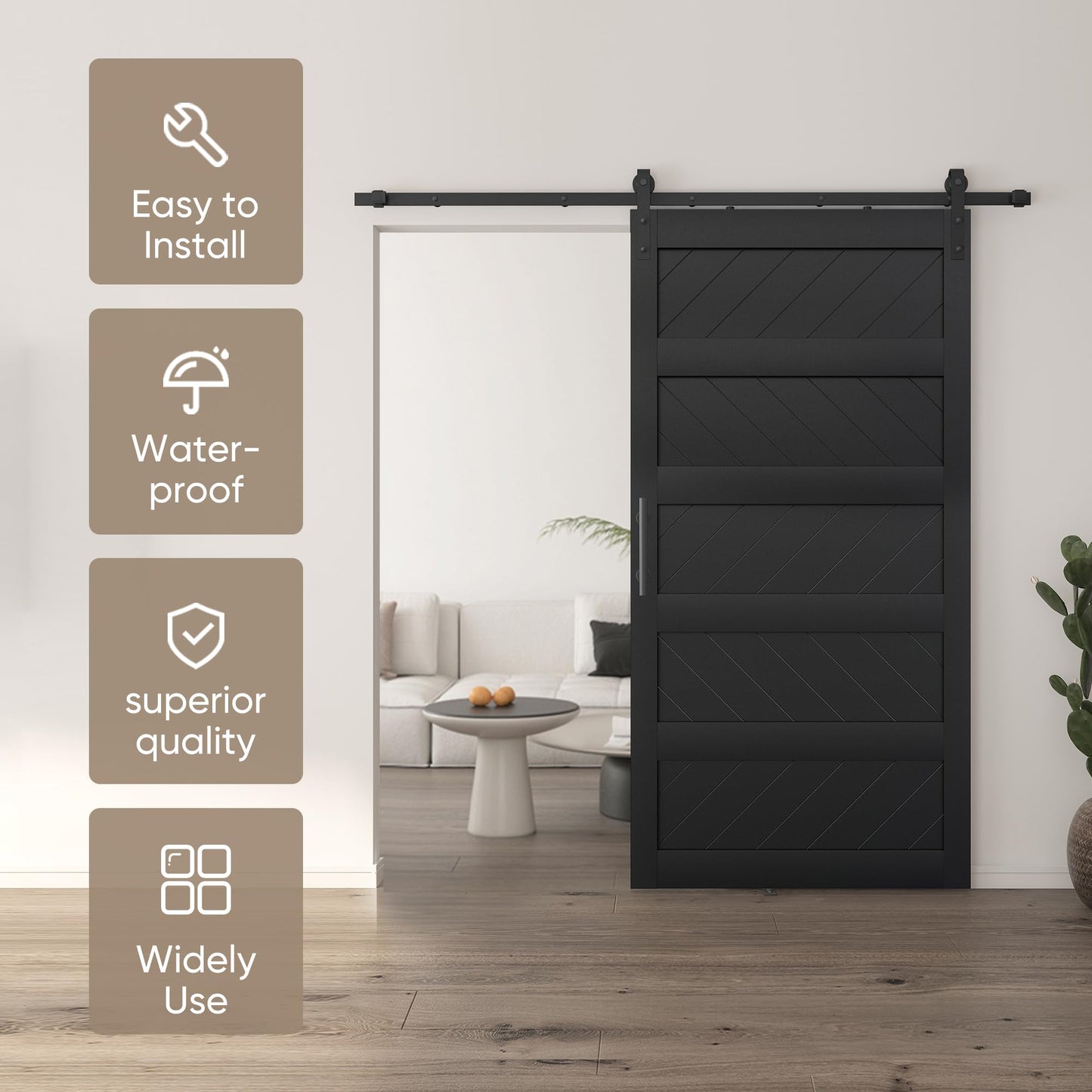 JUBEST 42" x 84" Barn Door, Slding Barn Door Kit Wav-Shape Barn Door Panel with Hardware Kit Include, Easy Installation, Solid Wood, MDF & PVC Covered, Black