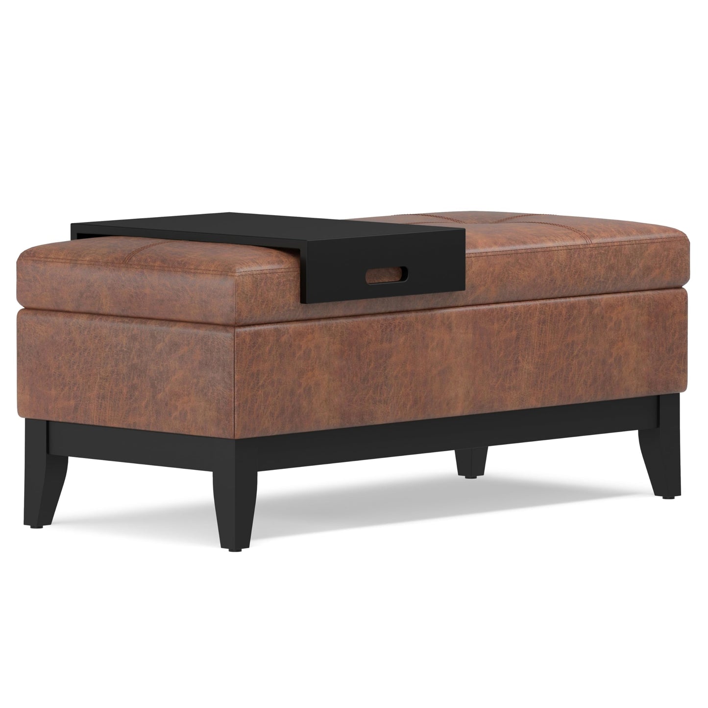 SIMPLIHOME Oregon Storage Ottoman Bench with Tray - 42 inch Wide Vegan Leather Rectangle Storage Ottoman Bench in Distressed Saddle Brown, Transitional Tufted Ottoman for Living Room with Lift-Up Lid