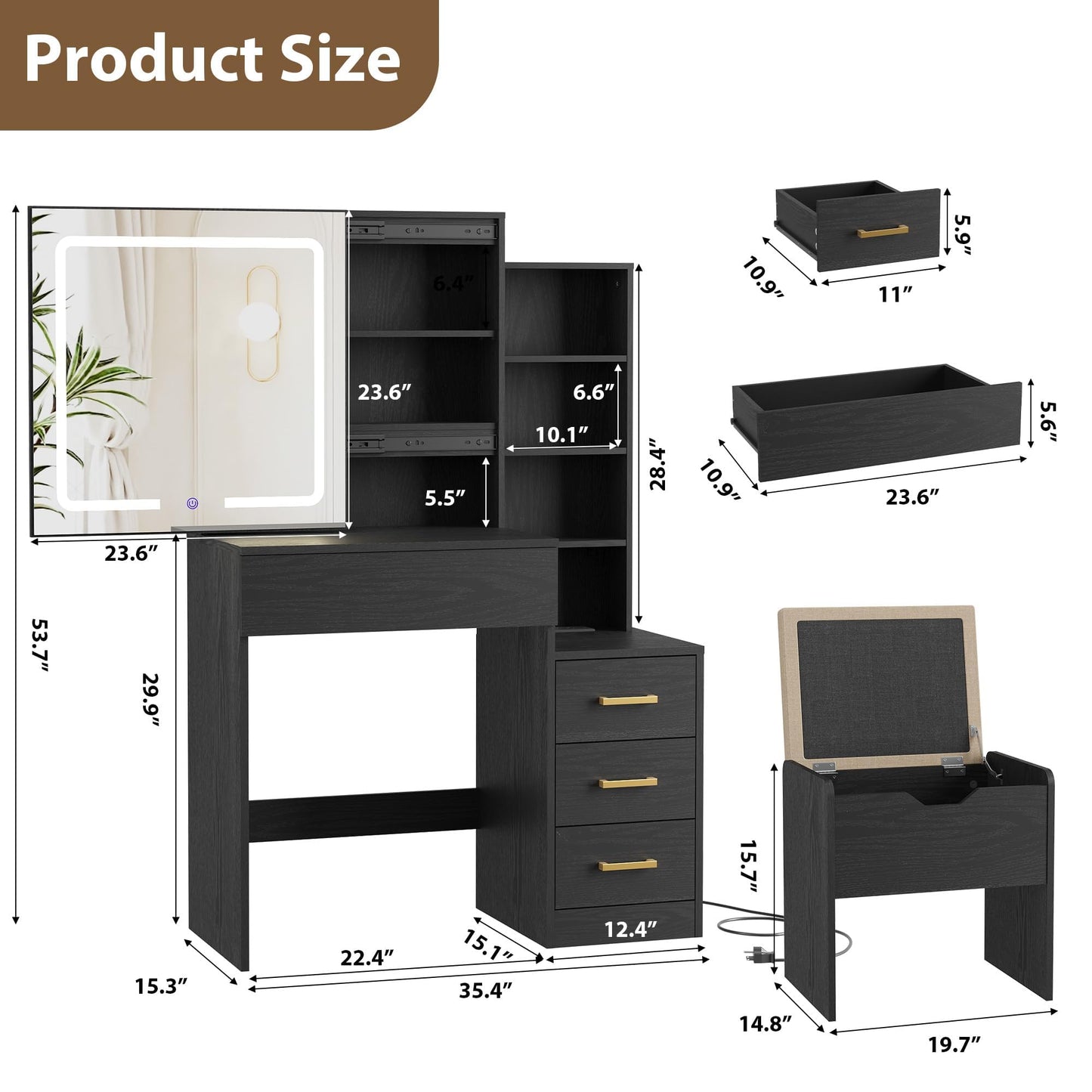 Garvee Makeup Vanity Desk with Sliding Lighted Mirror, Vanity Table with 3-Color Dimmable LED, Cushioned Stool & Power Outlet, 4 Drawers Makeup Table for Bedroom, Black
