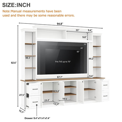 Ball & Cast 94.8" Entertainment Center Wall Unit with Bookshelf for TVs Up to 70",Farmhouse Large TV Stand with Walnut Adjustable Shelves,Retro Media Console with 4 Drawers for Living Room,White