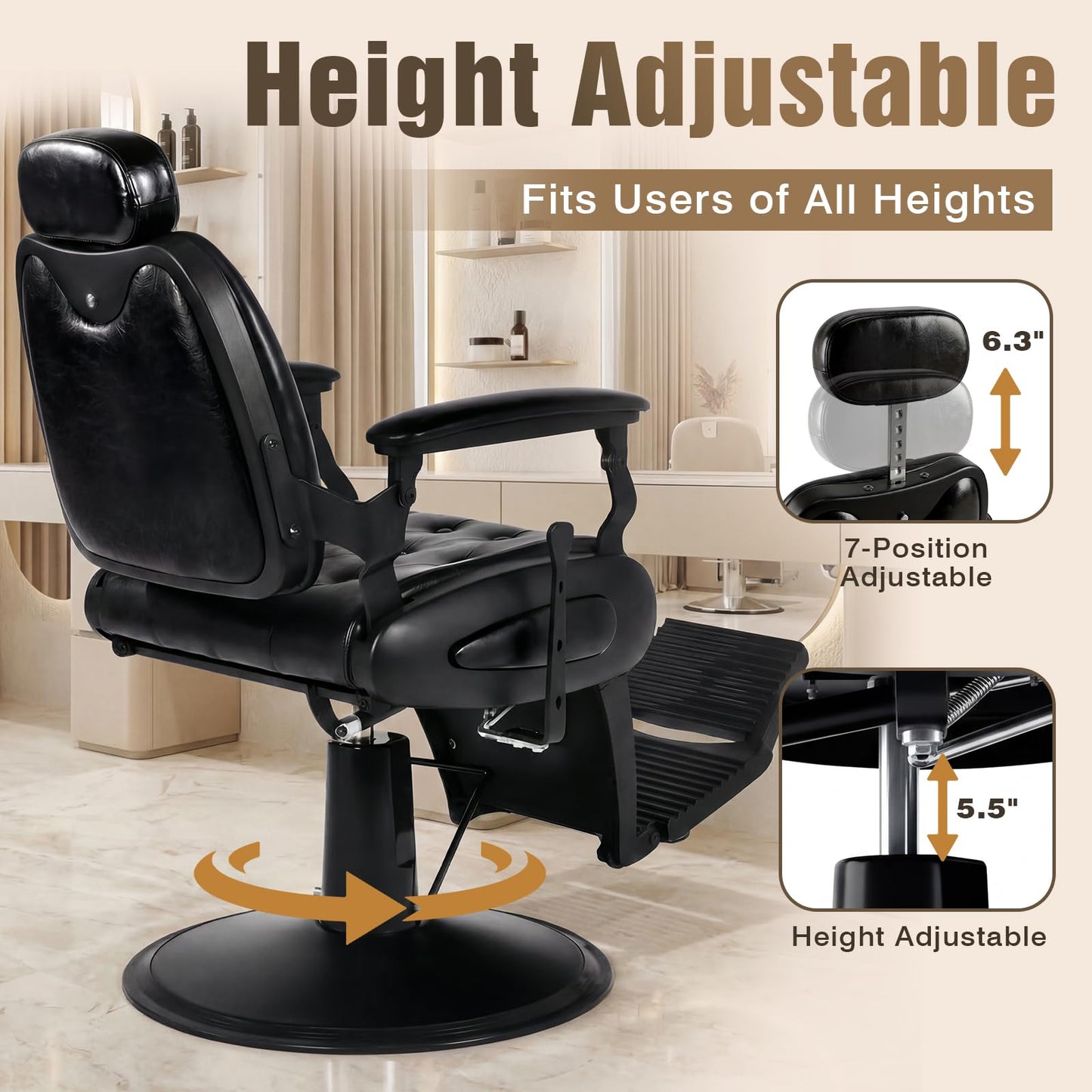 Oakvera Barber Chair with Stool, Heavy Duty Vintage Recline Hydraulic Barber Chair with Towel Bar, 360° Swivel All Purpose Professional Salon Chair Barber Shop Beauty Salon Shampoo Equipment, Black