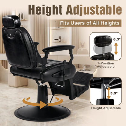 Oakvera Barber Chair with Stool, Heavy Duty Vintage Recline Hydraulic Barber Chair with Towel Bar, 360° Swivel All Purpose Professional Salon Chair Barber Shop Beauty Salon Shampoo Equipment, Black