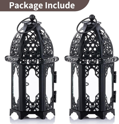 NUPTIO Moroccan Style Candle Lantern - Small Tealight Holder with Transparent Glass Panels | 2 Pcs, Black