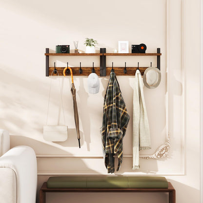 YMYNY Coat Rack Shelf Wall Mounted, Coat Hooks Set of 2, Entryway Coat Hanger with 8 Hooks, 31.5" Wall Floating Shelf with Hat Rack, for Kitchen, Bedroom, Bathroom, Rustic Brown UHWS001H-2