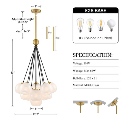 Caiselee 11-Light Brushed Gold Bubble Chandeliers, Mid Century Modern Chandelier with Cloud Texture Globe, Milk Glass Pendant Light Fixture for Dining Room Foyer Entryway Living Room, ETL Certified
