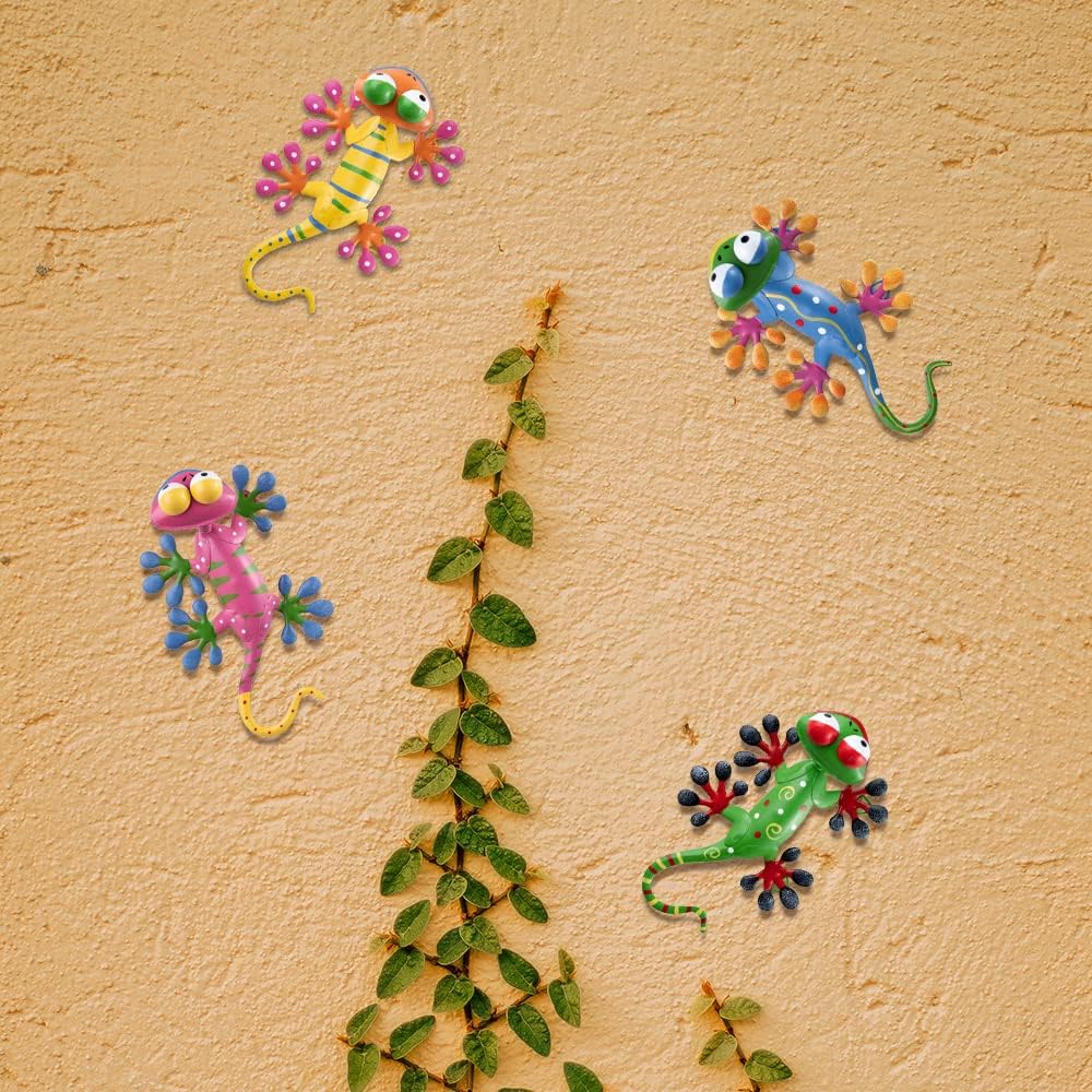 YEAHOME 4 Pack Metal Geckos Wall Art, Inspirational Mexican Outdoor Decor for Farmhouse, Porch, Patio