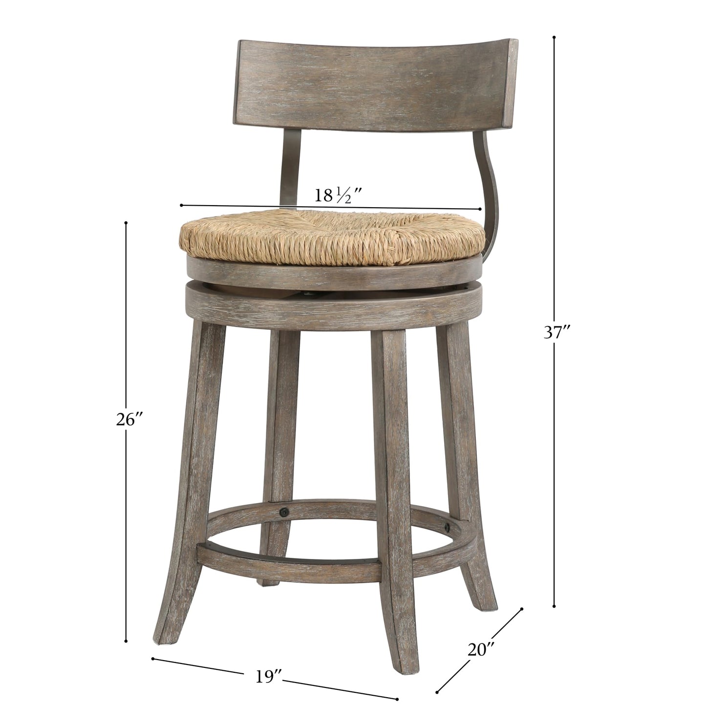 New Ridge Home Goods Farmhouse 26" Wood Counter-Height Bar Stool with Natural Seagrass Seat, Reclaimed Gray