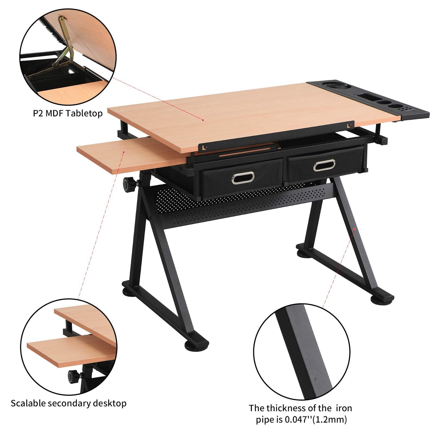 Waful Height Adjustable Drafting Draft Drawing Art Table Desk Tiltable Tabletop Art Craft Paintings Work Station Artist Table for w/ 2 Storage Drawer for Reading, Writing Art Craft Work Station