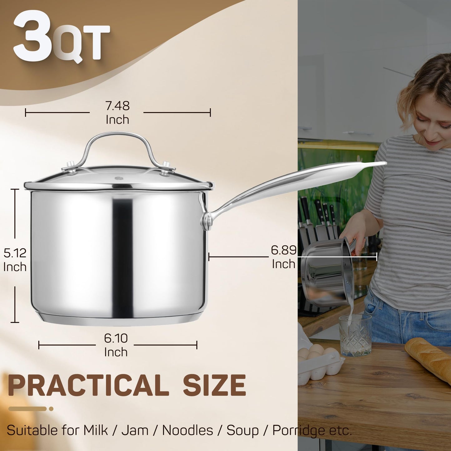 Ciwete 3 Qt Stainless Steel Saucepan with Glass Strainer Lid, 3 Quart Pot Stainless Steel Sauce Pan with Pour Spout, Mirror Polishing, Compatible with All Cooktops Dishwasher Safe Oven Safe