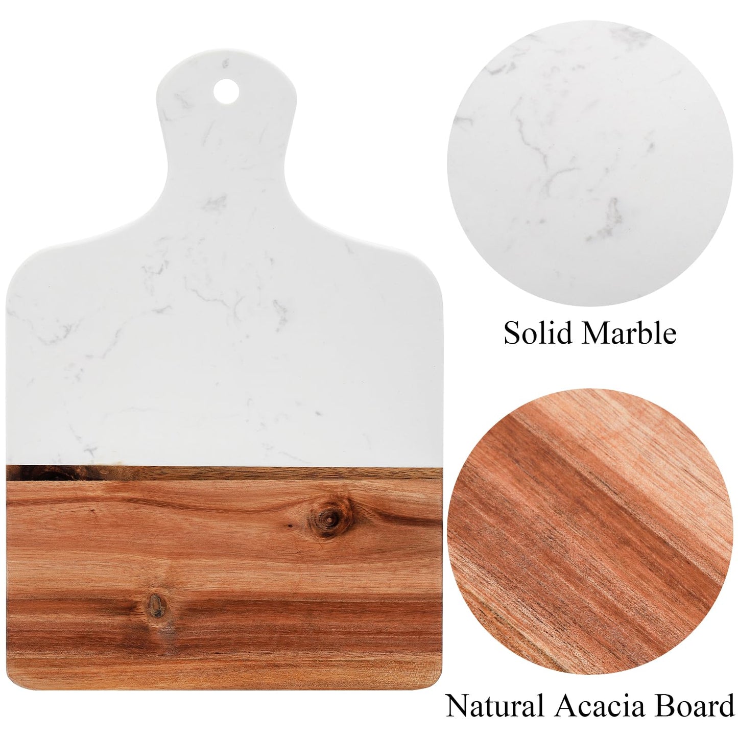 Coloch Marble and Acacia Wood Cutting Board, Charcuterie Chopping Board with Handle, Decorative Serving Board for Cheese, Steak, Bread, Fruit (white)