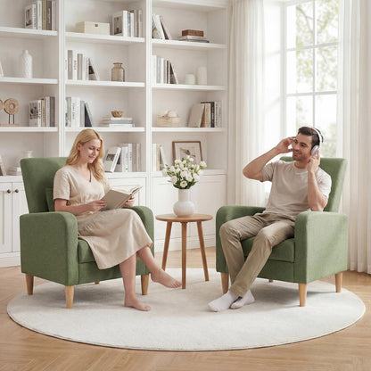COLAMY Mid-Century Modern Upholstered Accent Chair with Back Pillow & Solid Wood Legs, Fabric Cozy Armchair for Living Room, Bedroom, Reading Nook, Apartment & Small Spaces, Green