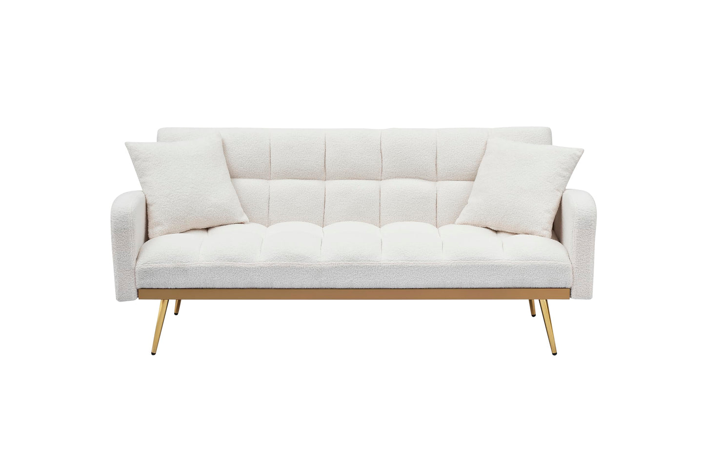 Convertible Futon Loveseat Couch Reversible Loveseat Folding Daybed Guest Bed, Tufted Teddy Fleece Upholstered Convertible Sleeper Sofa Bed with Golden Metal Legs and 2 Pillows for Living Room Office