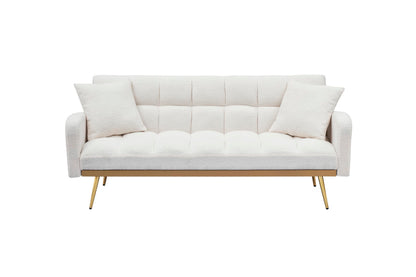 Convertible Futon Loveseat Couch Reversible Loveseat Folding Daybed Guest Bed, Tufted Teddy Fleece Upholstered Convertible Sleeper Sofa Bed with Golden Metal Legs and 2 Pillows for Living Room Office