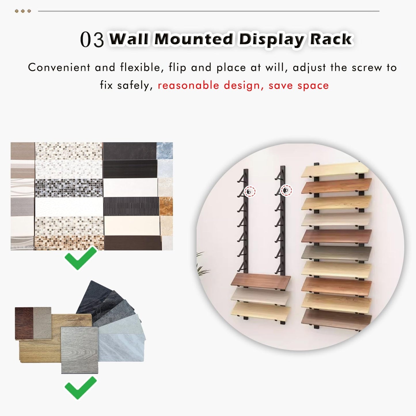 1/ 2/ 3/ 4 Pcs Floor Tile Display Stand, Large 4 8 10 12 Inch Wall-mounted Sample Rack for Retail Stores/ Trade Show/ Supermarket/ Exhibition Hall, Wooden Flooring Storge Shelf(3pc 20.5cm/8in,170cm/67