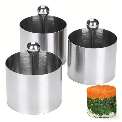 Set of 3 Stainless Steel Sushi Tower Mold, Round Mousse Cake Ring Molds with Pushers, Tuna Tartare Mold Ring for Home Kitchen Use