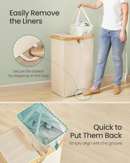 SONGMICS Laundry Hamper - 39 Gal. Dual Compartment Basket with Removable Liner Bag - Cream White & Light Bamboo