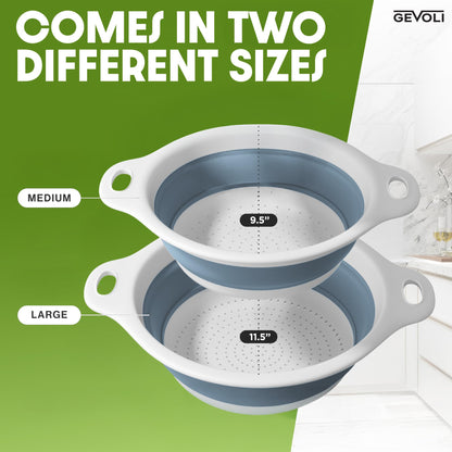 Collapsible Colander Strainer, Includes Over-sink Countertop Draining Base (5QT) Large Kitchen Drainer for Vegetables Fruit and Pasta, Round Foldable Draining Basket, Easy Storage (White)