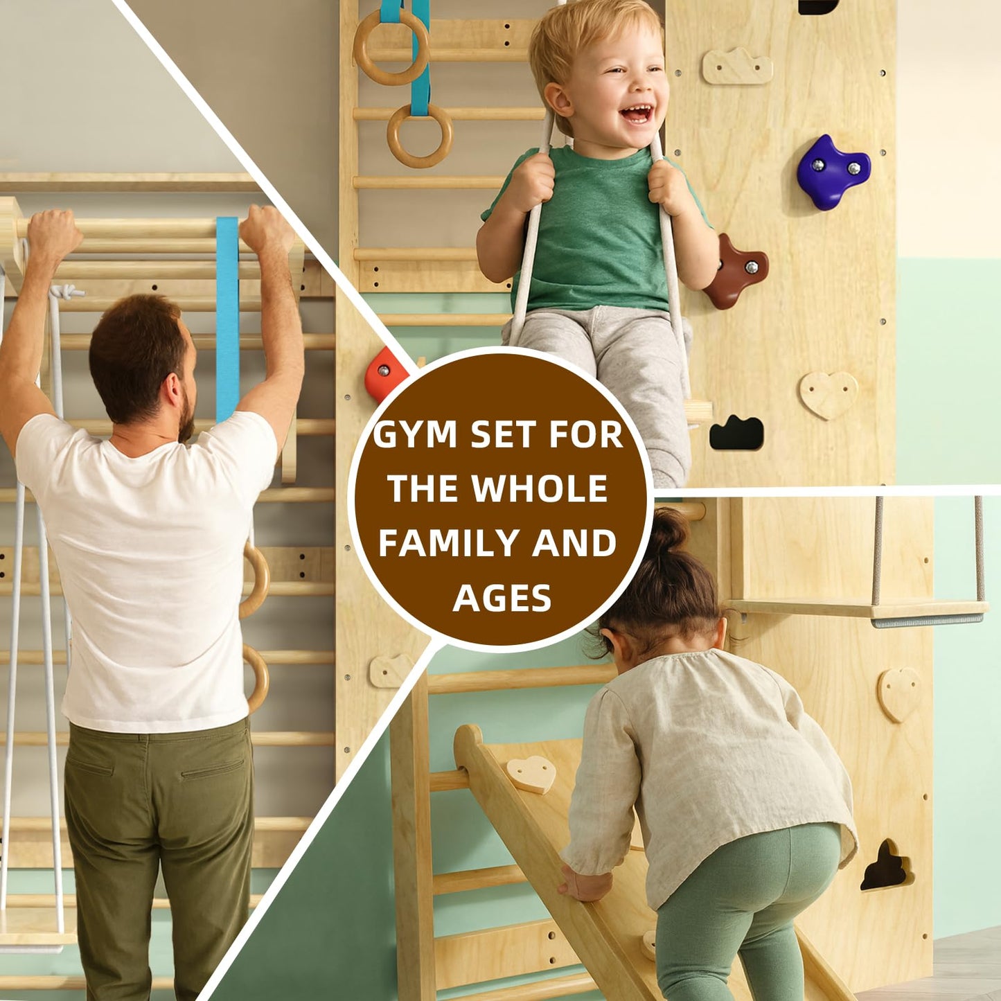 Swedish Ladder 7-in-1, Indoor Wooden Playground, Rock Climbing Wall for Kids and Adults, Kids Indoor Playset, Wooden Jungle Gym, for All Levels and Abilities