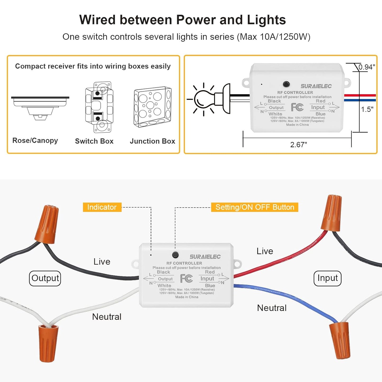 Suraielec 3 Way Wireless Light Switch, No Wiring, No WiFi, 100ft RF Range, Pre-Programmed, Expandable Wireless Wall Switch and Receiver Kit, Remote Control Light Fixture for Lamp, Ceiling Light, Fan