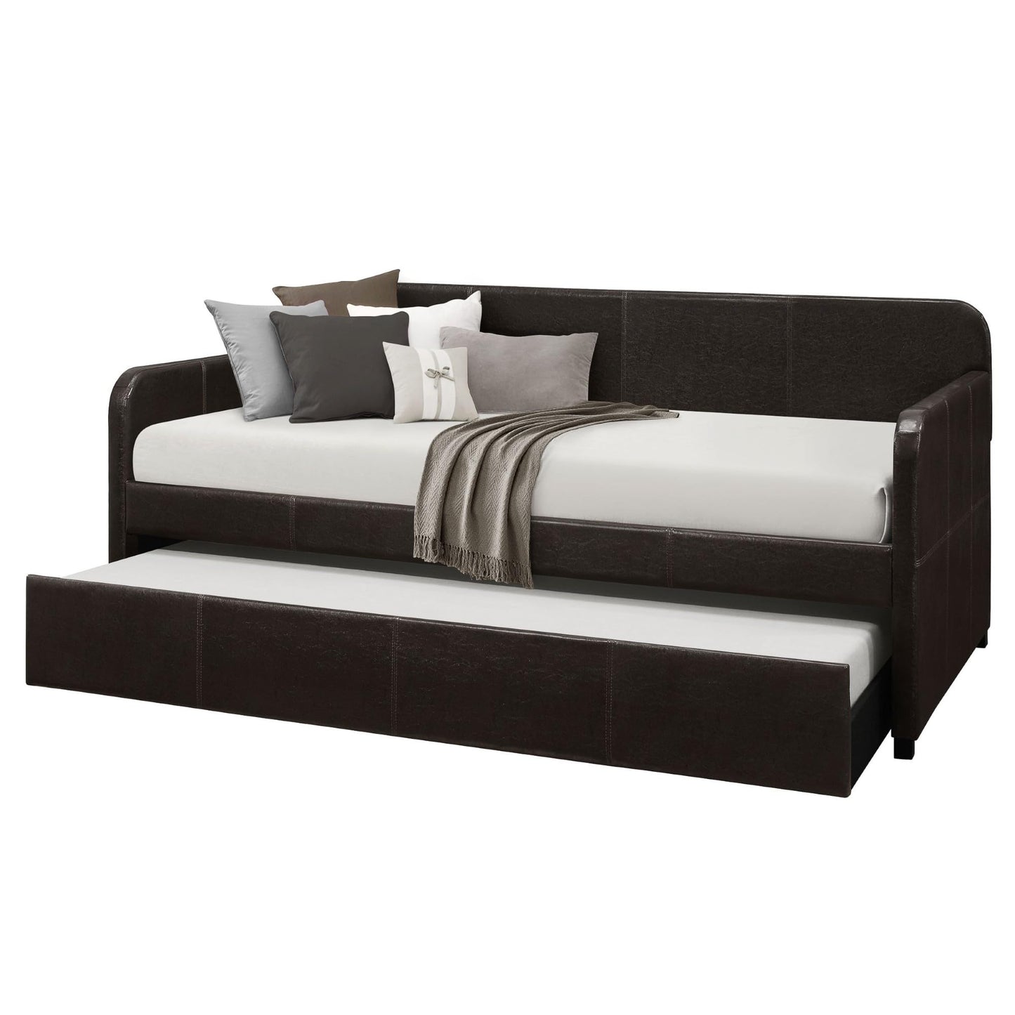 HOME DESIGN Tiara Twin Daybed with Pull-Out Trundle, Upholstered Frame, Solid Wood Legs, Casual Design, Dark Brown