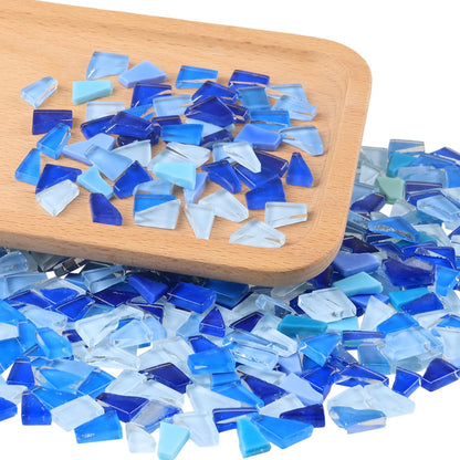 Yazikisa 1.1 lb Glass Mosaic Tiles for Crafts Bulk Blue Irregular Shape Tile Crystal Broken Stained Pieces Stepping Stone Adults DIY Making Supplies Picture Frames Puzzle