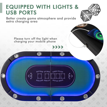 Giantex 10 Players Poker Table with Cup Holder, Folding Casino Leisure Table with 4 USB Ports, Extra Lights, Easy to Assemble, Foldable Game Poker Tables for Texas, Card Games (Green)