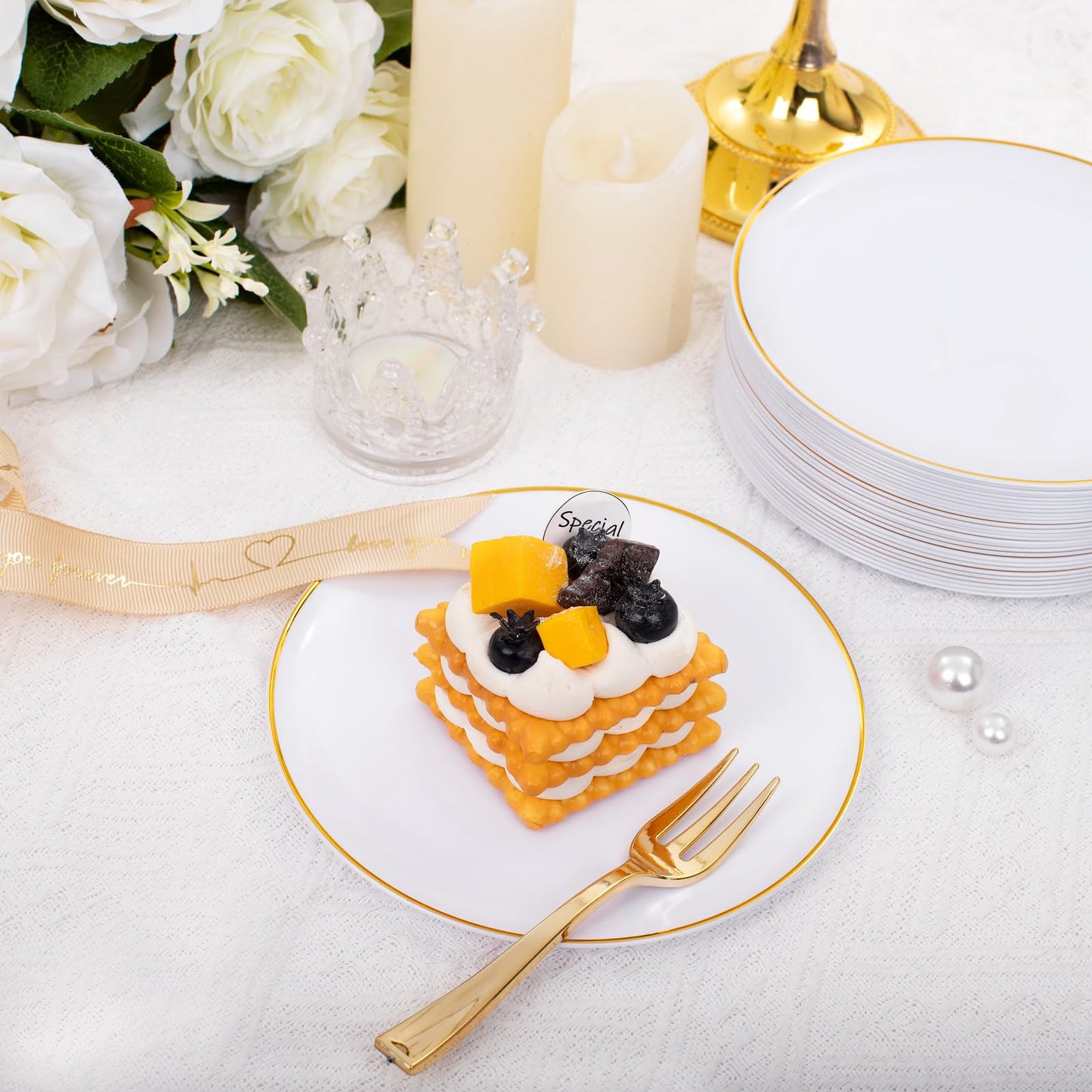 Festiva 200Pcs Gold Dessert Plates 6.3" with Forks 5"- Small Disposable Dessert/Appetize/Cake Plates Plates- serve 100 guests include 100Plates 100Forks for Wedding &Birthday Party & Outdoor