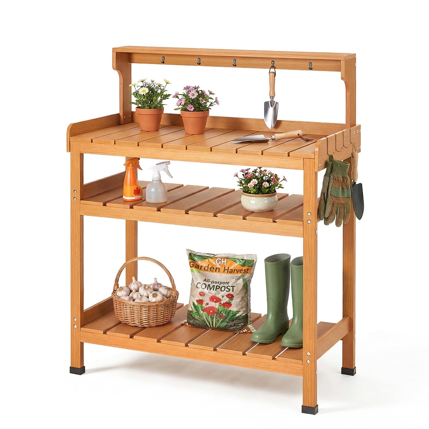 Frogprin Potting Bench Table, Extra-Large Outdoor Garden Potting Bench (HDPS) with 9 Hooks, All-Weather Garden Table Work Station, No Rust, No Fade, No Break (Teak, 35.6''X16.5''X45.5'')