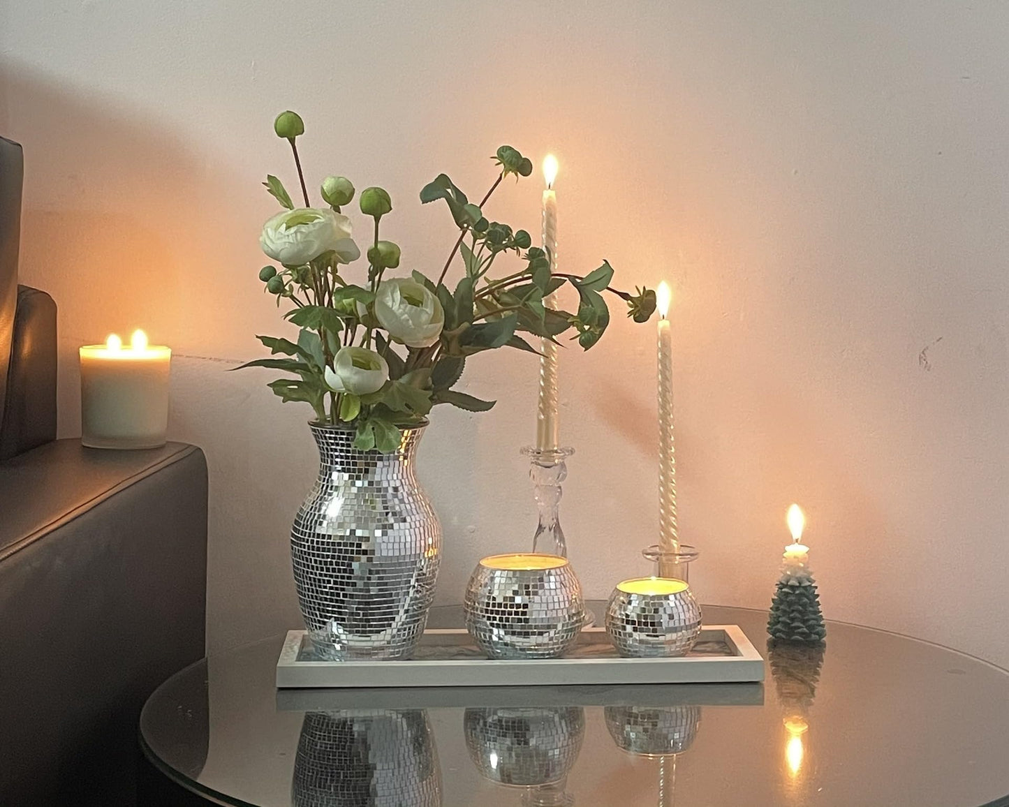 SOUJOY Disco Vase, Silver Mosaic Mirror Vase for Centerpiece, Handmade Glass Bud Vase for Wedding Flower Arrangeme, Living Room, Kitchen, Home Decor