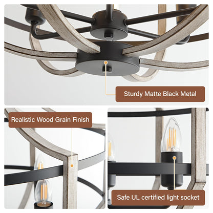 23.6" Farmhouse Chandelier for Dining Room, 6-Light Distressed White Faux Wood Pendant Light Fixtures, Antique Vintage Foyer Chandelier for Entryway Kitchen Island Living Room