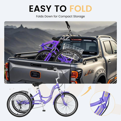 EOYOBIKE Adult Folding Tricycle, 7-Speed 3-Wheel Cruiser Bike with Low Step-Through Frame, Large Rear Basket, Adjustable Seat, 20/24/26 Inch Options