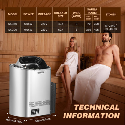 Mxmoonant Sauna Heater, 9KW 220V Electric Sauna Heaters Digital Control Sauna Stove Dry Steam Sauna Bath for Home Hotel Spa Max. 425 Cu.ft with Sauna Hygrothermograph