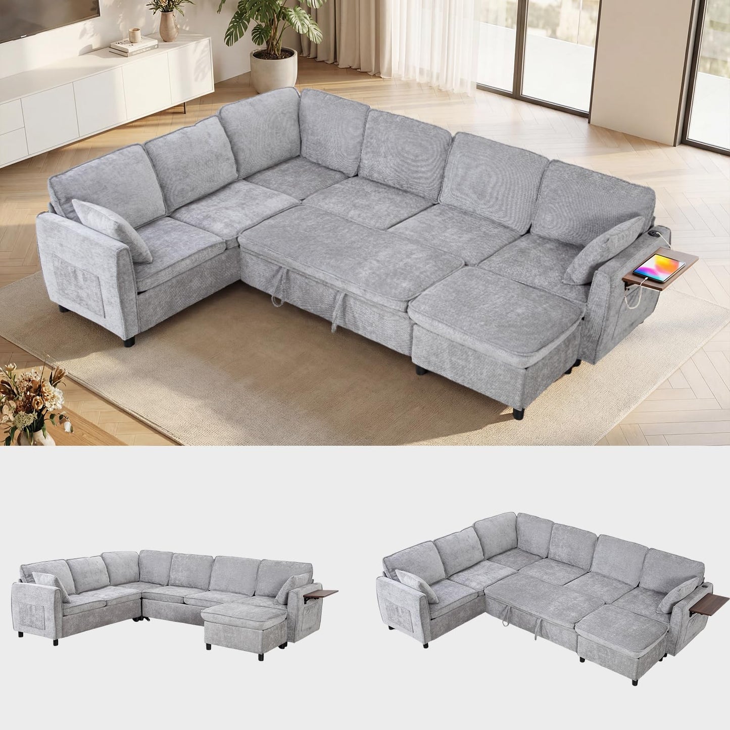 Modular Sectional Sleeper Sofa with Pull Out Bed, 116" Large U Shaped 7 Seater Sectional Couches with Ottoman, Charging Port & Foldable Side Table, Comfy Chenille Cloud Sofas for Living Room, Grey