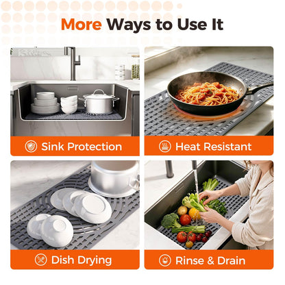 Snuggery Silicone Sink Protector 30"x16" Rear Drain Hole, Heat Resistant Non-slip Dishwasher Suitable, Large Sink Mat for Bottom of Farmhouse Kitchen Stainless Steel Sinks