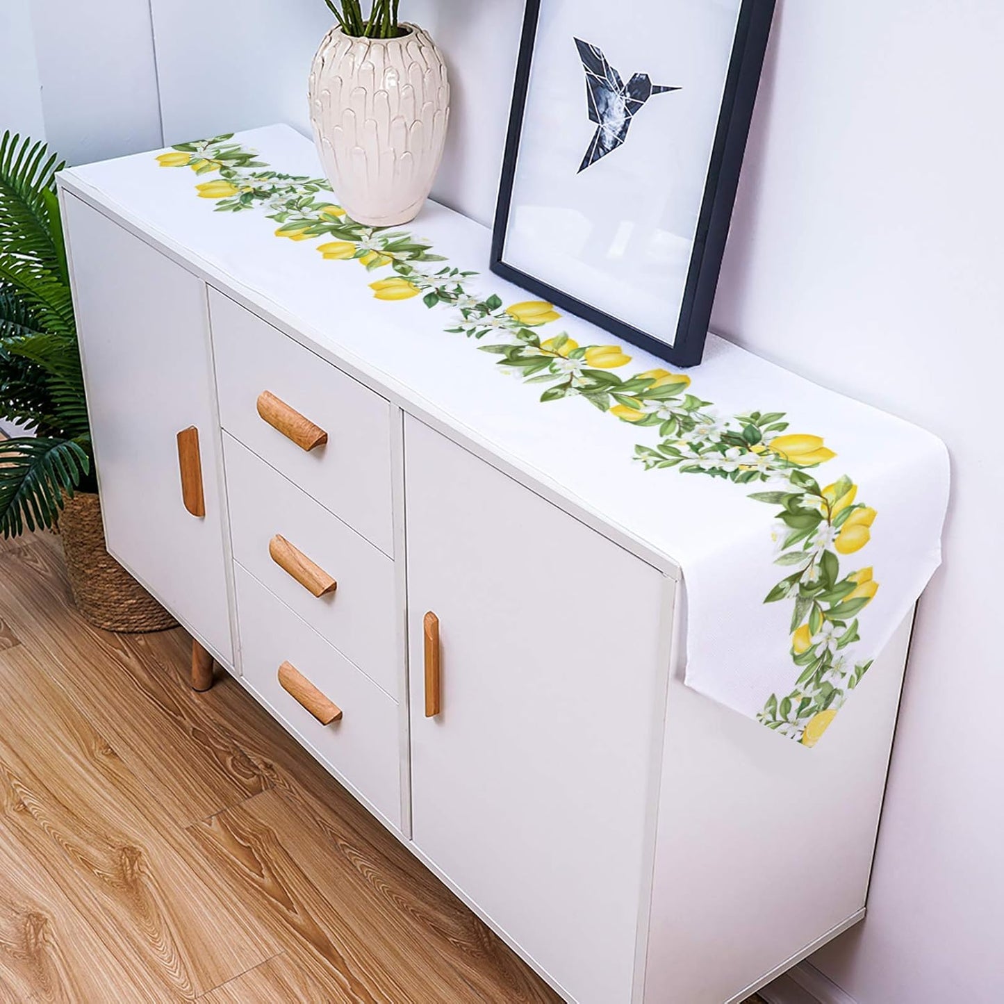 Cotton and Linen Triangle Table Runners, 72 Inches Long, Summer Lemons White Floral Swirls for Wedding Party Decoration