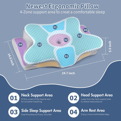 Cervical Neck Pillow - Ergonomic Side Sleeper Pillow for Pain Relief, Cooling Cervical Pillow for Sleeping, Contour Orthopedic Memory Foam Pillows for Back Stomach Sleepers
