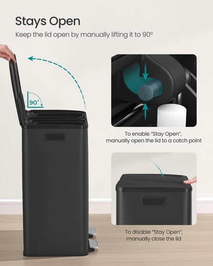 SONGMICS Trash Can, 2 x 8 Gallon (2 x 30 L) Dual-Compartment Garbage Can with Soft-Close Lid, Pedal and Inner Buckets, Stainless Steel, Includes 15 Liner Bags, Ink Black ULTB741B01