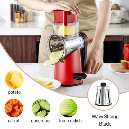 Weltonhm Rotary Cheese Graters with 4 Blades, Large Hand Crank Cheese Grater with Waffle Slicer, Red Cheese Shredder with Suction Base, Easier for Shredding & Grating (Red and black, 4 Graters)