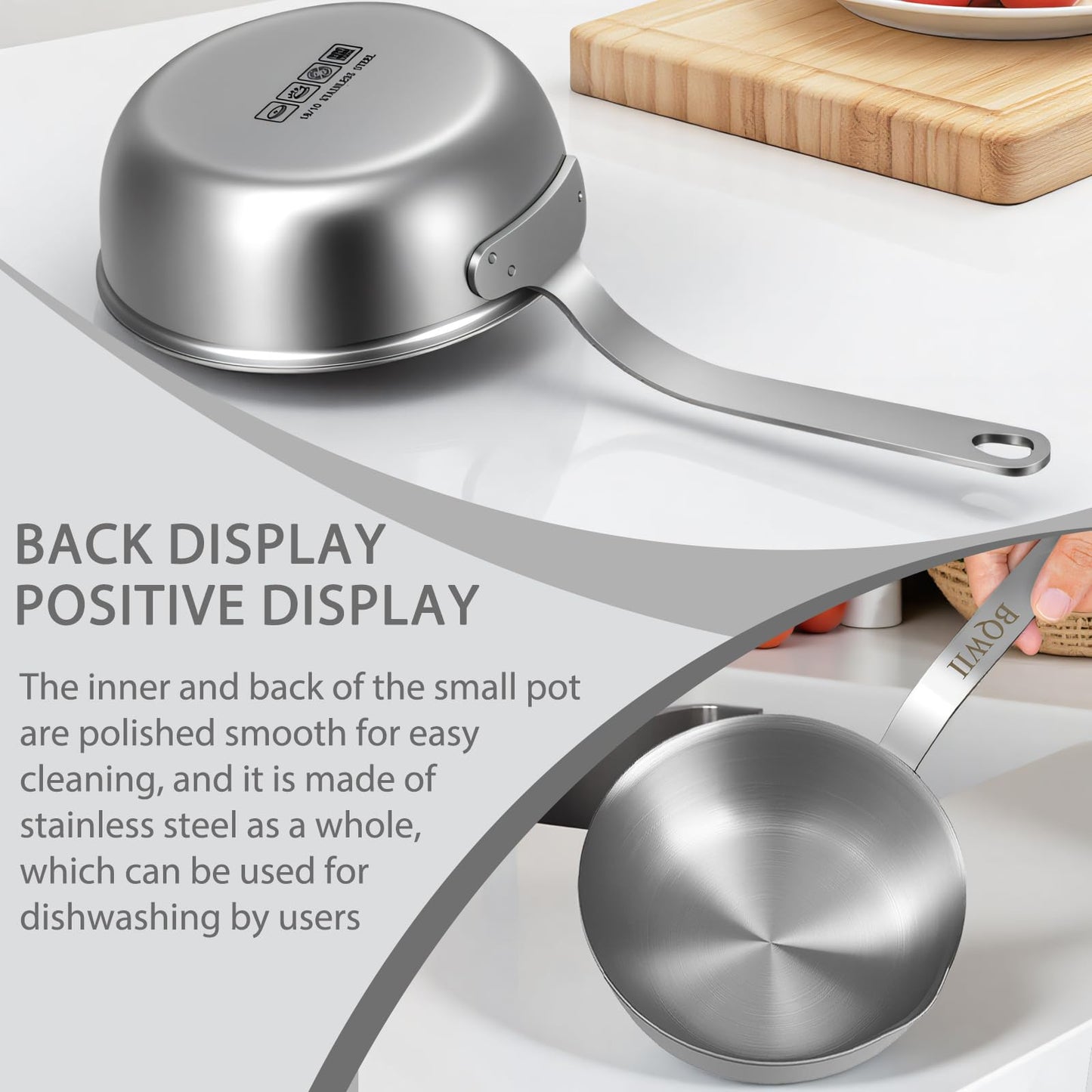 BQWII 18/10 Stainless Steel Butter Warmer, 13.5 fl oz (400ml), Ideal for Heating Milk, Butter, Sauces, Baby Food, Coffee, Chocolate, Egg Pan, Compatible with Induction & Gas Stovetops