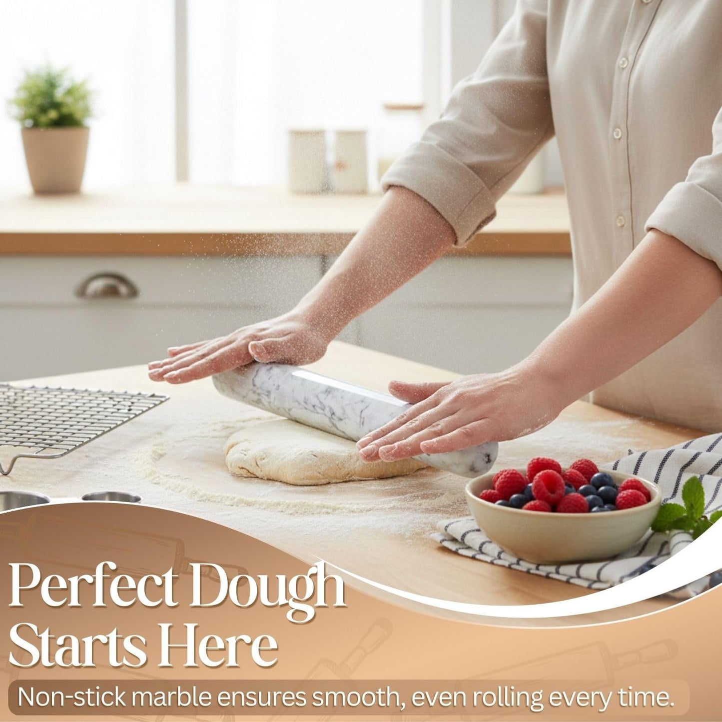 Flexzion French Rolling Pin, 12 Inch White Marble Rolling Pins for Baking with Wooden Base Holder Stand - Non-Stick Baking Roller for Baking Fondant, Crust, Pastry, Cookies, Pizza, Pasta