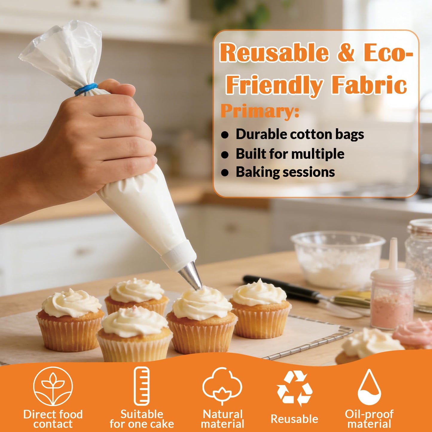 11 Piece Reusable Piping Bags and Tips Set - Cotton Baking Kit with Coupler Stainless Steel Nozzles Cleaner for Cupcakes Cookies Churros