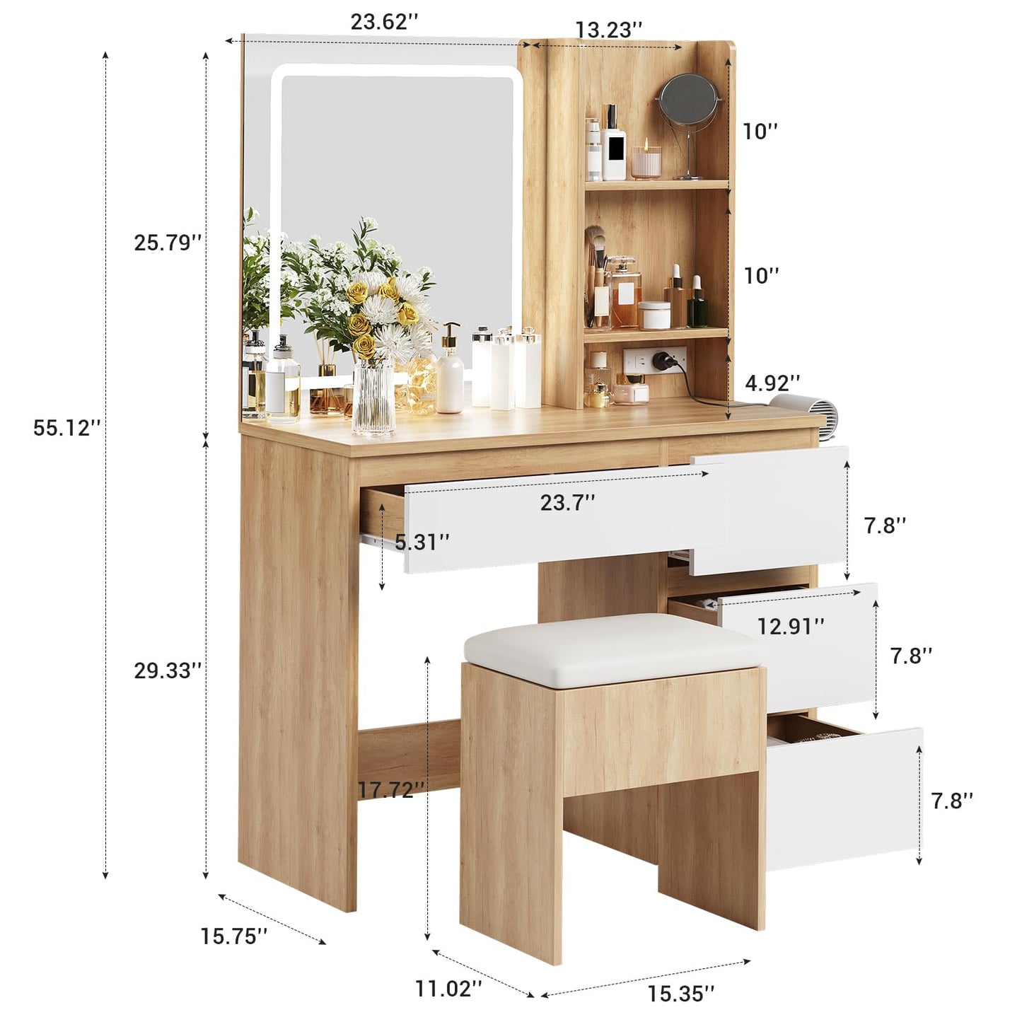 Vanity Desk with Mirror and LED Light, Vanity Desk with 4 Drawers, Power Outlet, Storage Stool, Open Shelves, Hairdryer Holder, Adjustable 3 Lighting Mode, Makeup Vanity Set for Bedroom, Wood Color