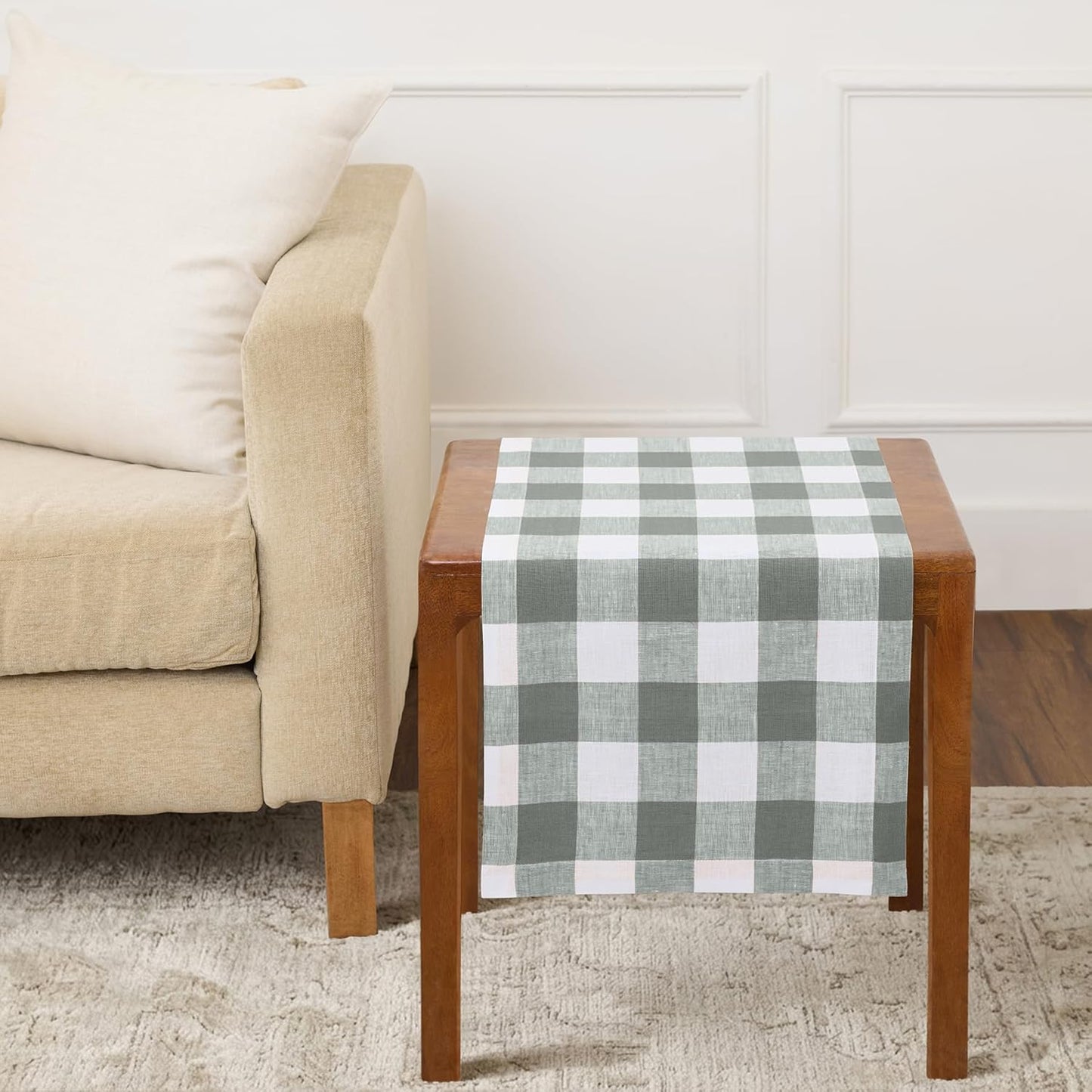 36 Inches 100% 14 36 Inch Summer Solino Home Linen Checkered Table Runner - Pure Linen Grey and White Buffalo Check