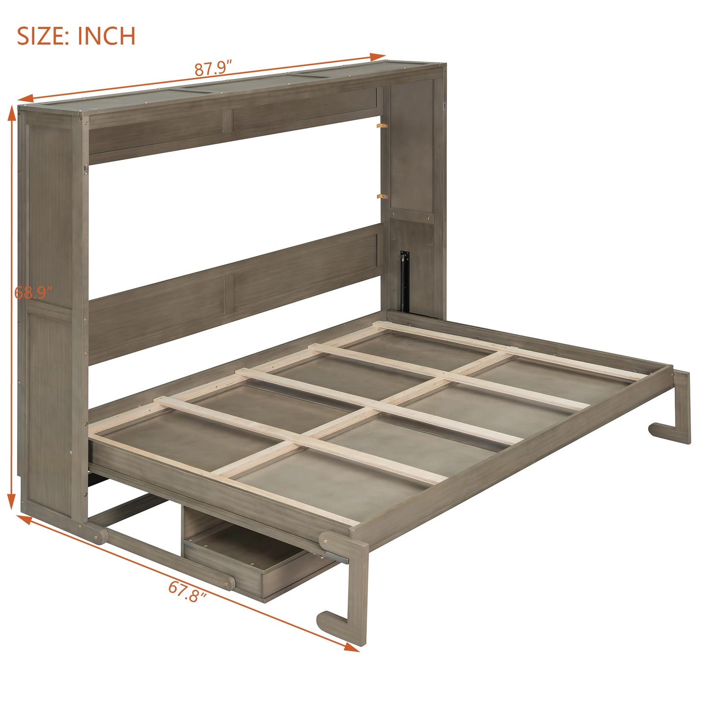 Ball & Cast Murphy Bed Queen W/Built-in Vanity Desk,Murphy Frame Cabinet W/ 2 Side Drawers,Wood Hide Away Wall Bed W/Center Mirror,for Bedroom,Home Office,Home Gym,Distressed Gray