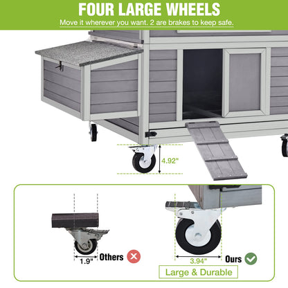 GUTINNEEN Large Chicken Coop on Wheels Mobile Wooden Hen House Weatherproof Duck Poultry Cage 67.3" L for 6-8 Chickens with 6 Nesting Box