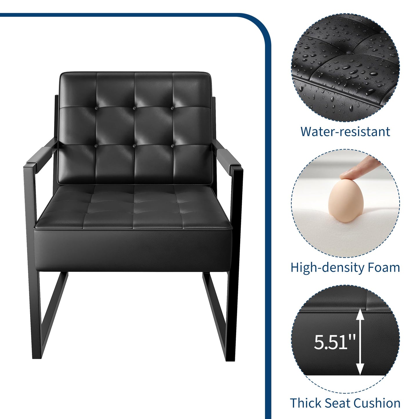 GarveeLife Mid Century Modern Accent Chair, PU Leather Upholstered Armchair with Thick Cushion & Sturdy Metal Frame, Retro Lounge Chair for Living Room Bedroom Office Lobby Waiting Room, Black 2 Pack