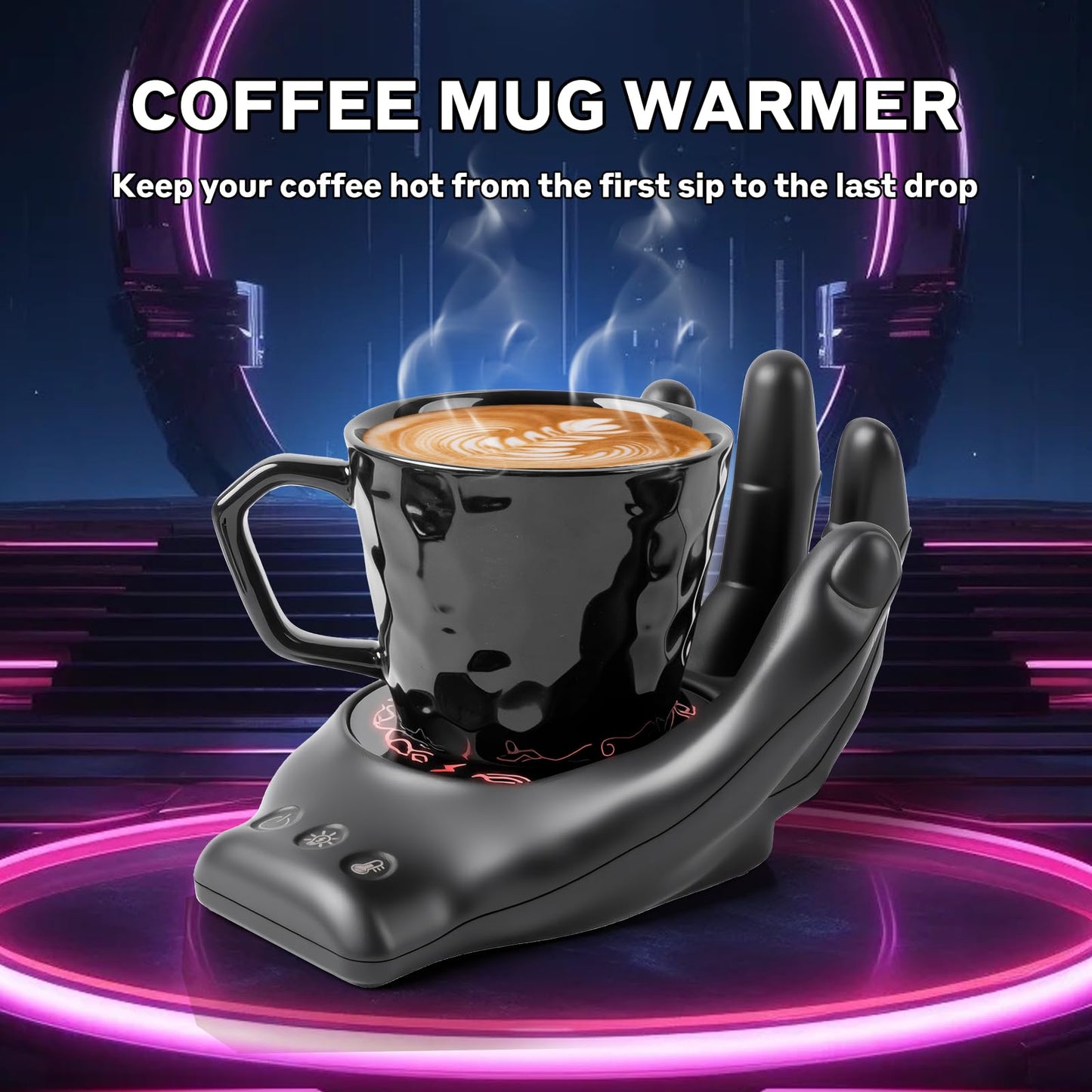 Devil's Hand Heating Mug Warmer & Mug Set - 3 Temp Settings & 8H Timer, Coffee Cup Warmer Plate for Desk Auto Shut Off, Ideal Beverage Warmer Gift for Coffee, Tea, Milk (Black)